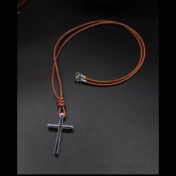Titanium Steel Cross † on Hand Knotted Brown Leather Necklace - Picture 1 of 6